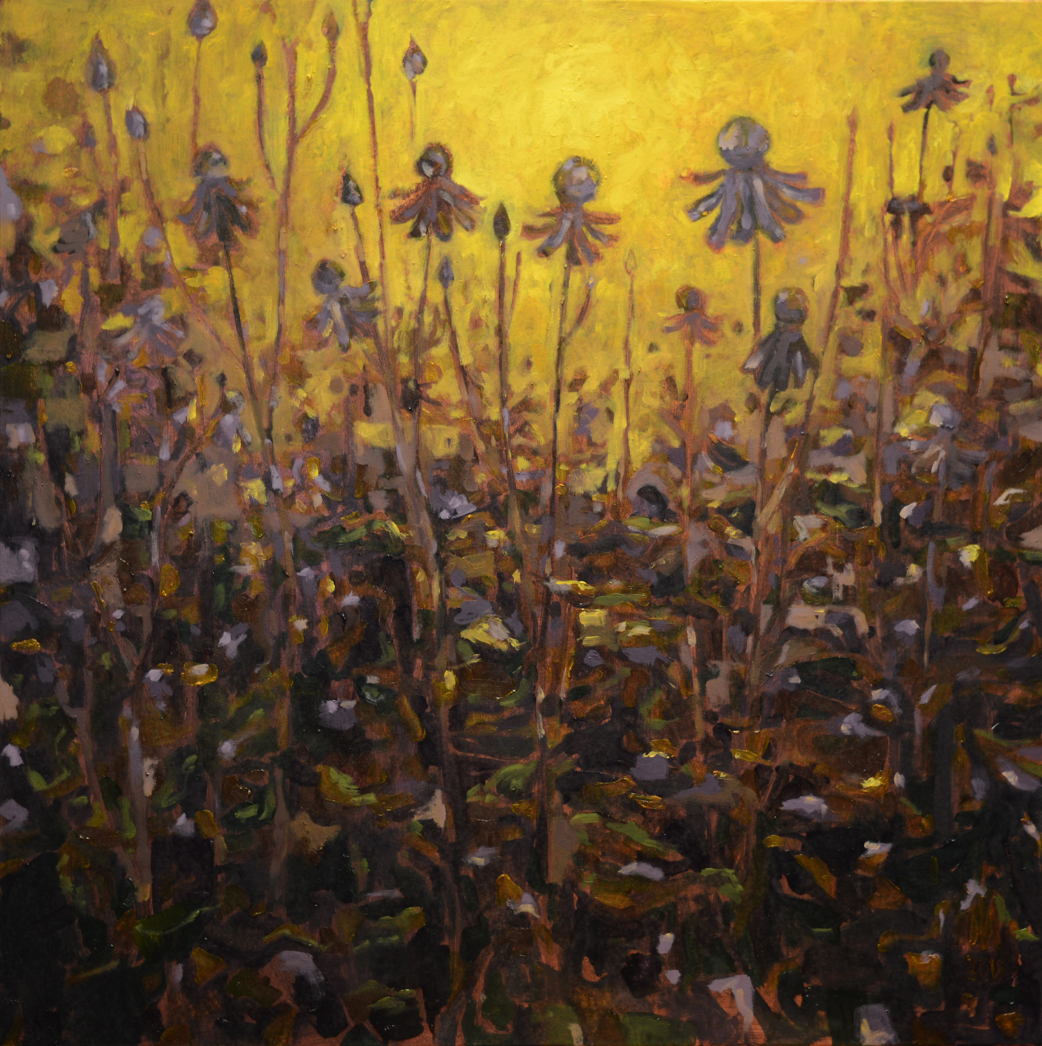 Siilkübarate ainetel · õli lõuendil, 2018 · 90 × 90 cm