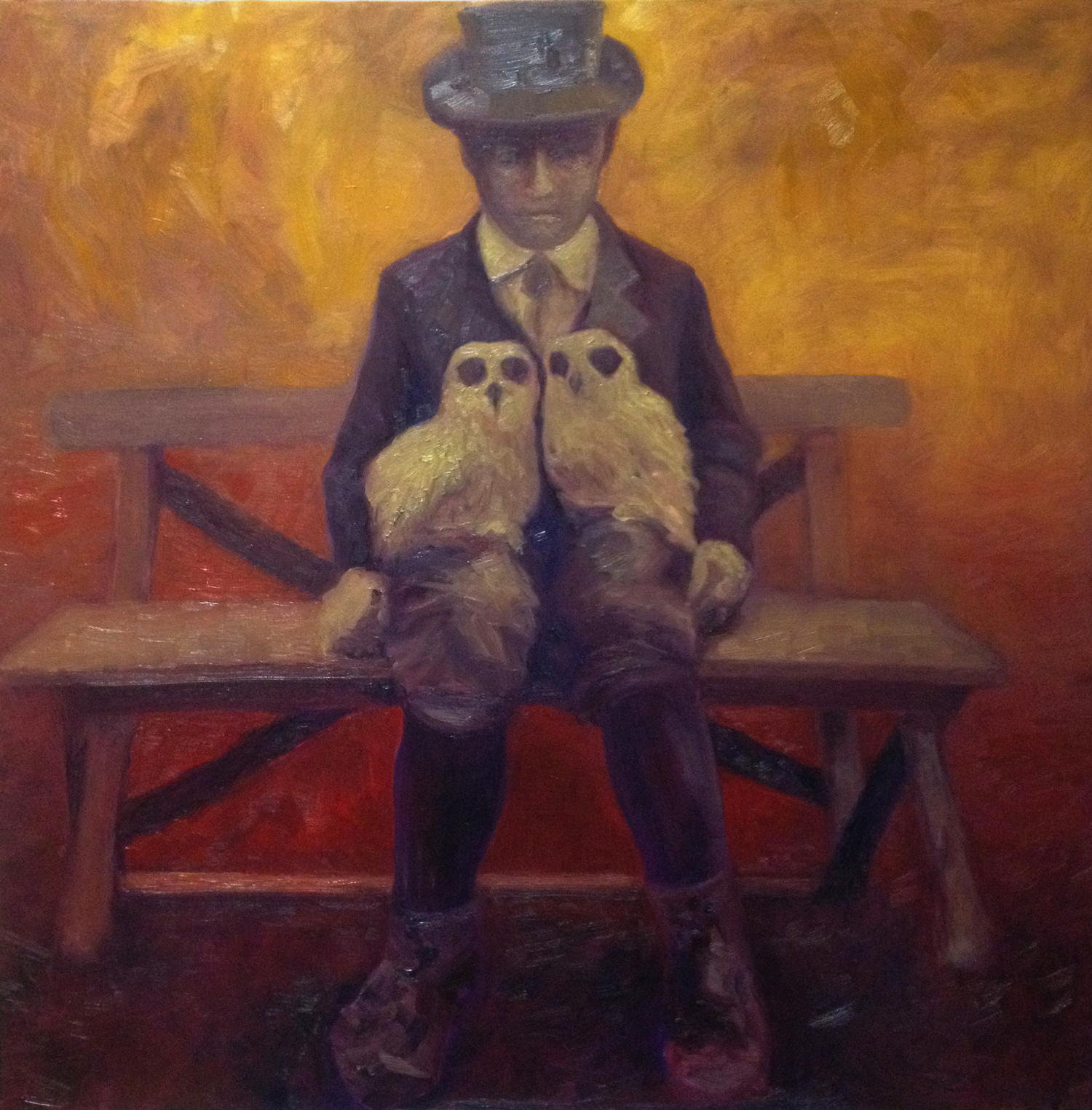 Poiss kahe kakuga · õli lõuendil, 2018 · 100 × 100 cm